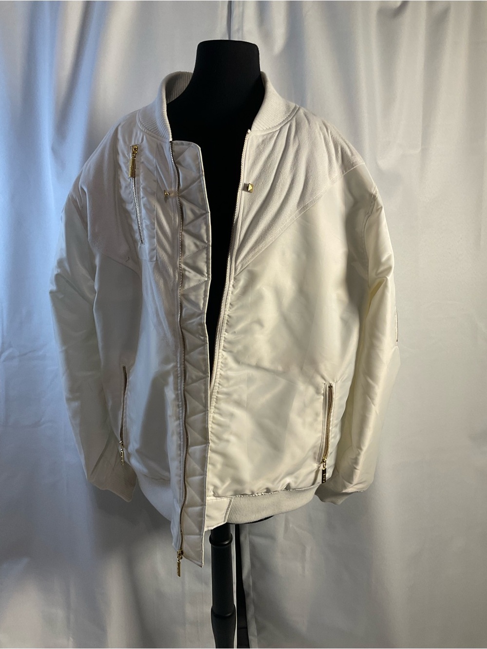Men's White Quilted Bomber Jacket with Gold Hardware